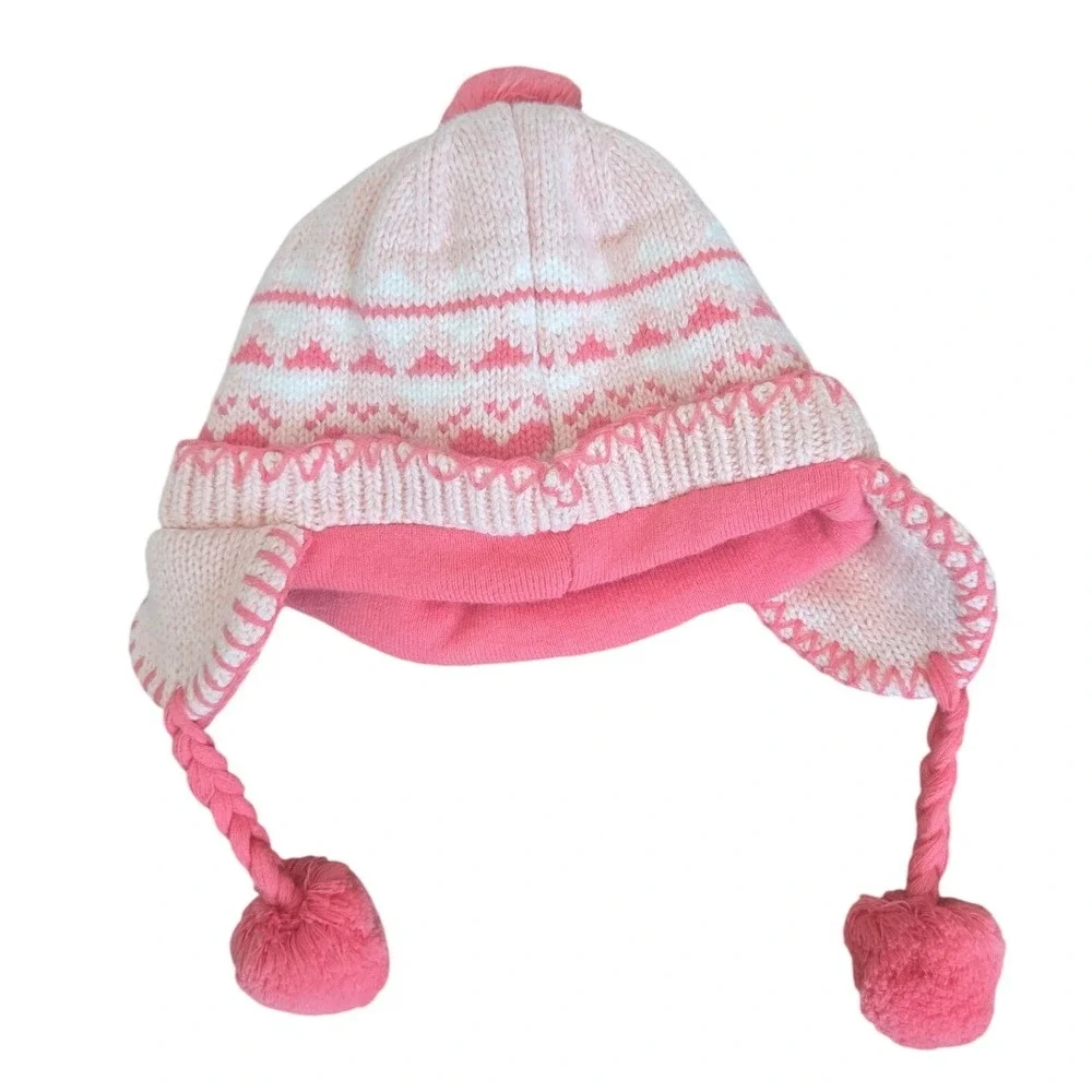 Millymook Baby Girl Hat Pink Fair Isle Winter Pom Pom Fleece Cotton 12-24 Months